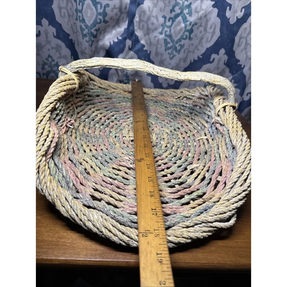 Vintage Rope Gathering Basket‎ Large Distressed Branch Handle Pastel Colors